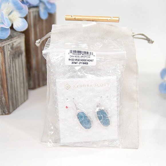 Kendra Scott Dani Rhodium Silver Bezel Frame Indigo Magnesite Earrings NWT - Picture 6 of 6